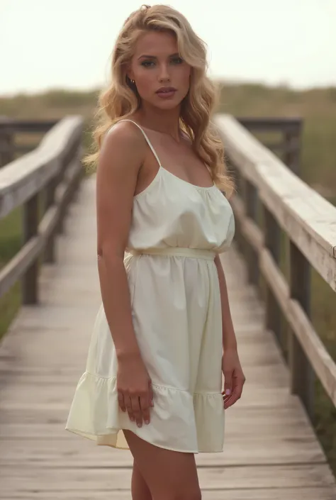   (RAW Photo, Best Quality), (Realistic, Photo Realistic: 1.3), Best Quality, Highly Detailed, Masterpiece, Hyperdetail, Realistic photo shot, realistic photo of a   actress , makeup,  ,  blonde body wavy hair , ((    , Cami Ruffled  Dress )), board walk, ...