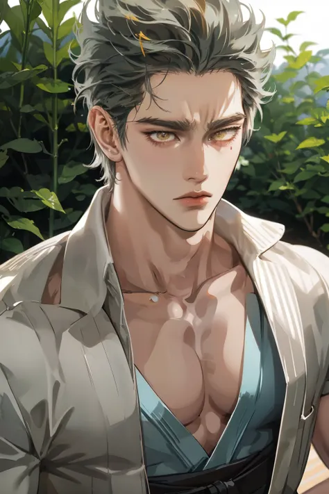 Realistic,photorealistic,HDR,ultra high definition,studio lighting,ultra detailed description,professional ,bright color,flour,One Punch Man,yellow eyes,gray hair,18 years old,man,177cm,black chewy polar that reveals the body,white dojo pants,Dojo strap,fu...
