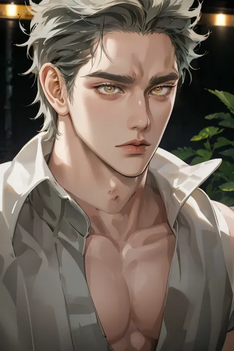 Realistic,photorealistic,HDR,ultra high definition,studio lighting,ultra detailed description,professional ,bright color,flour,One Punch Man,yellow eyes,gray hair,18 years old,man,177cm,black chewy polar that reveals the body,white dojo pants,Dojo strap,fu...