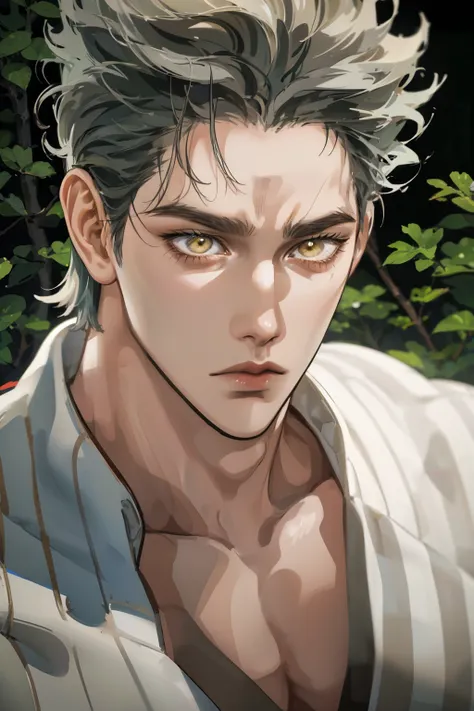 Realistic,photorealistic,HDR,ultra high definition,studio lighting,ultra detailed description,professional ,bright color,flour,One Punch Man,yellow eyes,gray hair,18 years old,man,177cm,black chewy polar that reveals the body,white dojo pants,Dojo strap,fu...