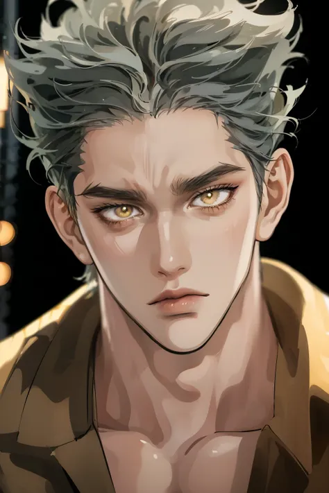 Realistic,photorealistic,HDR,ultra high definition,studio lighting,ultra detailed description,professional ,bright color,flour,One Punch Man,yellow eyes,gray hair,18 years old,man,177cm,black chewy polar that reveals the body,white dojo pants,Dojo strap,fu...