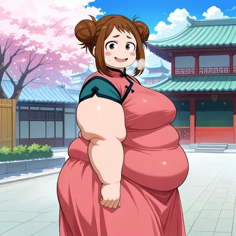 score_9, score_8_up, score_7_up, score_6_up, score_5_up,score_4_up BREAK source_anime,uraraka ochako, 1girl,solo, brown hair,brown eyes,short hair,blush stickers,double bun,nervous,nervous smile,medium breasts,pastel turquoise dress, qipao, outdoors,east a...