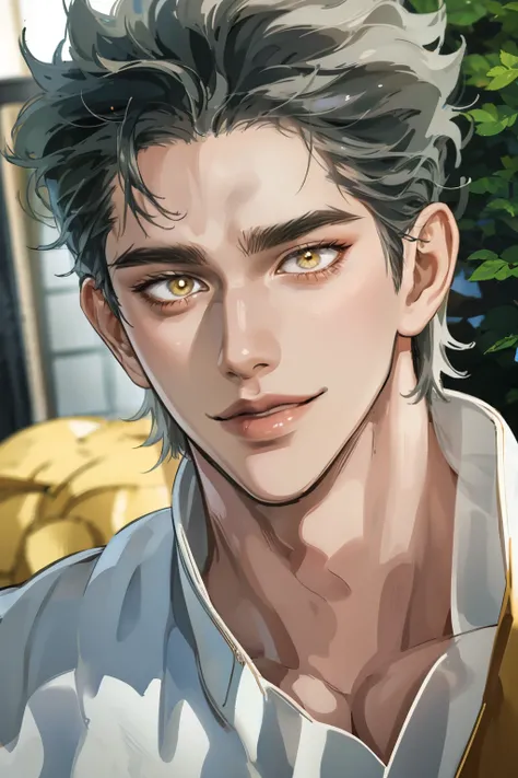 Realistic,photorealistic,HDR,ultra high definition,studio lighting,ultra detailed description,professional ,bright color,flour,One Punch Man,yellow eyes,gray hair,18 years old,man,177cm,black chewy polar that reveals the body,white dojo pants,Dojo strap,fu...