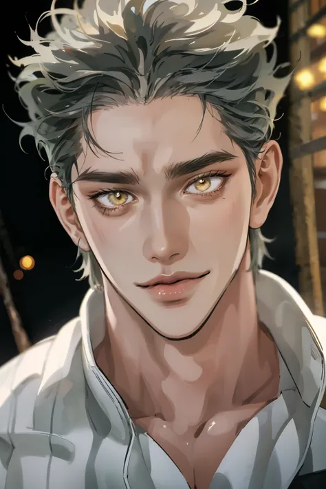 Realistic,photorealistic,HDR,ultra high definition,studio lighting,ultra detailed description,professional ,bright color,flour,One Punch Man,yellow eyes,gray hair,18 years old,man,177cm,black chewy polar that reveals the body,white dojo pants,Dojo strap,fu...
