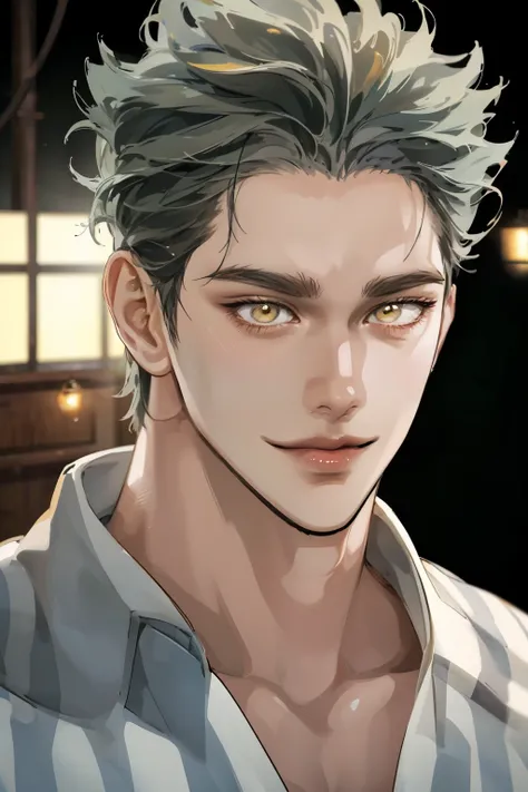 Realistic,photorealistic,HDR,ultra high definition,studio lighting,ultra detailed description,professional ,bright color,flour,One Punch Man,yellow eyes,gray hair,18 years old,man,177cm,black chewy polar that reveals the body,white dojo pants,Dojo strap,fu...