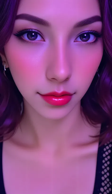 80’s glam rock makeup on shiny android face, anime, 2.5D, Glittery face, moody lighting, (purples, pinks, and blues), iridescent face, abstract ai model, pretty, sexy, minimal, sleek, slender, asian, elegant, chic, futuristic, retro, sophisticated half hum...