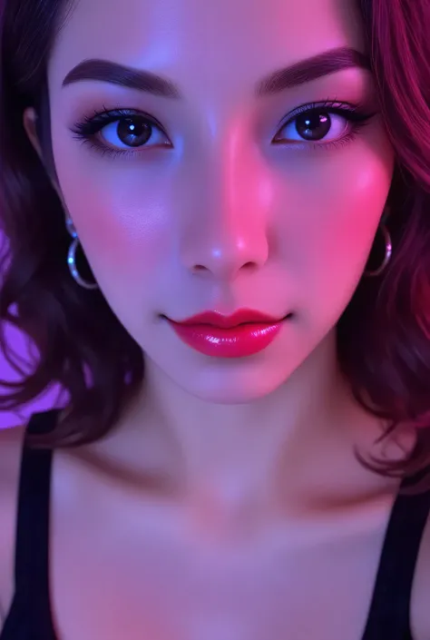 80’s glam rock makeup on shiny android face, anime, 2.5D, Glittery face, moody lighting, (purples, pinks, and blues), iridescent face, abstract ai model, pretty, sexy, minimal, sleek, slender, asian, elegant, chic, futuristic, retro, sophisticated half hum...