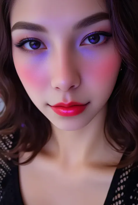80’s glam rock makeup on shiny android face, anime, 2.5D, Glittery face, moody lighting, (purples, pinks, and blues), iridescent face, abstract ai model, pretty, sexy, minimal, sleek, slender, asian, elegant, chic, futuristic, retro, sophisticated half hum...