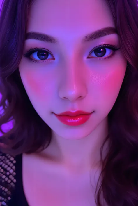 80’s glam rock makeup on shiny android face, anime, 2.5D, Glittery face, moody lighting, (purples, pinks, and blues), iridescent face, abstract ai model, pretty, sexy, minimal, sleek, slender, asian, elegant, chic, futuristic, retro, sophisticated half hum...