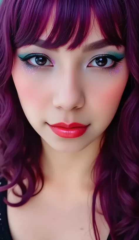 80’s glam rock makeup on shiny android face, anime, 2.5D, Glittery face, moody lighting, (purples, pinks, and blues), iridescent face, abstract ai model, pretty, sexy, minimal, sleek, slender, asian, elegant, chic, futuristic, retro, sophisticated half hum...