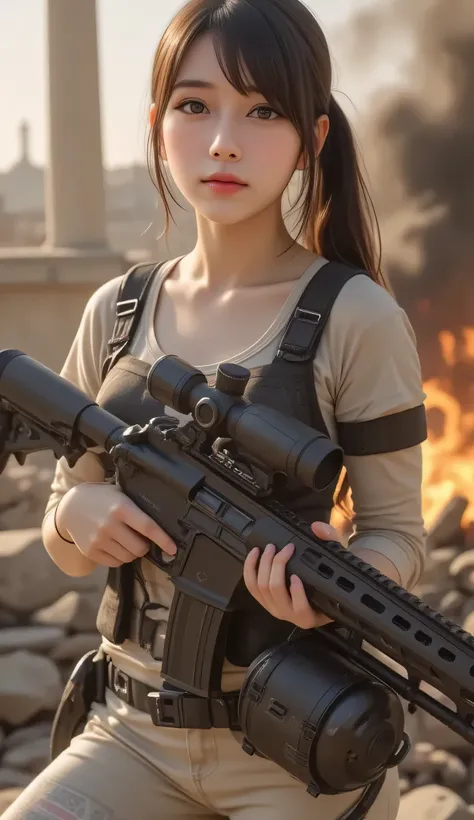 Young woman holding a large sniper rifle with a、A woman wearing a combat suit similar to a sailor suit、A very huge futuristic looking firearm. WOMEN WEAR OVERSIZED COMPLEX WEAPONS, x} It has multiple scopes and attachments, I think it shows advanced targe...
