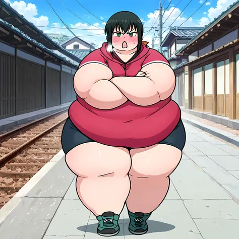 score_9, score_8_up, score_7_up,anime_source, source_anime, best background, detailed background, anime screencap, 4k, upscale, Fubuki, Main Outfit, solo, looking at viewer, standing, full body, crossed arms, outdoors, tsundere, blush, fat, chubby, obes...