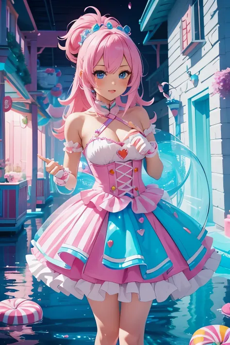  in a river full of sticky candy in the fantasy candy forest , covered in sticky candy,  Curled Afro Pink Cotton Candy Hair, Dark skin, Fantasy Candy Castle Room Gummy Inside the River Filled with Gummy Candy,  STRIP , The dance pole is made of striped can...