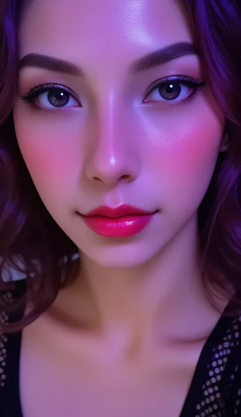 80’s glam rock makeup on shiny android face, anime, 2.5D, Glittery face, moody lighting, (purples, pinks, and blues), iridescent face, abstract ai model, pretty, sexy, minimal, sleek, slender, asian, elegant, chic, futuristic, retro, sophisticated half hum...