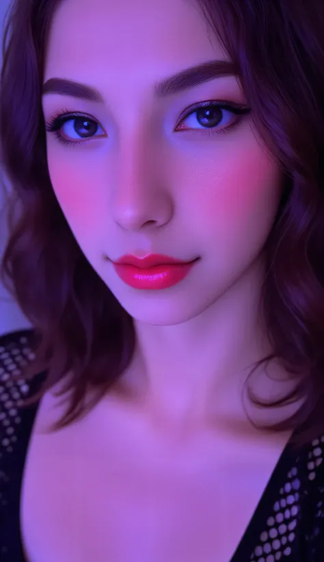 80’s glam rock makeup on shiny android face, anime, 2.5D, Glittery face, moody lighting, (purples, pinks, and blues), iridescent face, abstract ai model, pretty, sexy, minimal, sleek, slender, asian, elegant, chic, futuristic, retro, sophisticated half hum...