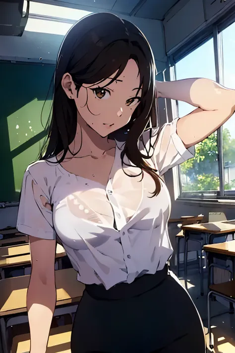 ((best quality)), ((masterpiece)), (detailed), Beautiful teacher, classroom with sun lights,small white silk shirt, hot black pencil skirt, sexy body, wet, horny,  big breast,  woman bras inside white silk shirt, yellow flowers view outside room , gradatio...