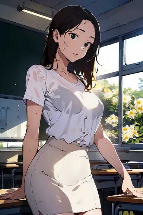 ((best quality)), ((masterpiece)), (detailed), Beautiful teacher, classroom with sun lights,small white silk shirt, hot black pencil skirt, sexy body, wet, horny,  big breast,  woman bras inside white silk shirt, yellow flowers view outside room , gradatio...