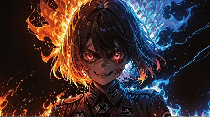 German Empire Soldiers, Nazi soldiers, In Pink Flame, Feelings Exist, blue aurora burst out of the eyes., Heroes in the Shadows, front view, Half-man image, Warrior Spirit, Sharp teeth, Evil Smile, blood on face, Wearing Nazi Army Dress, Scar on left eye,...