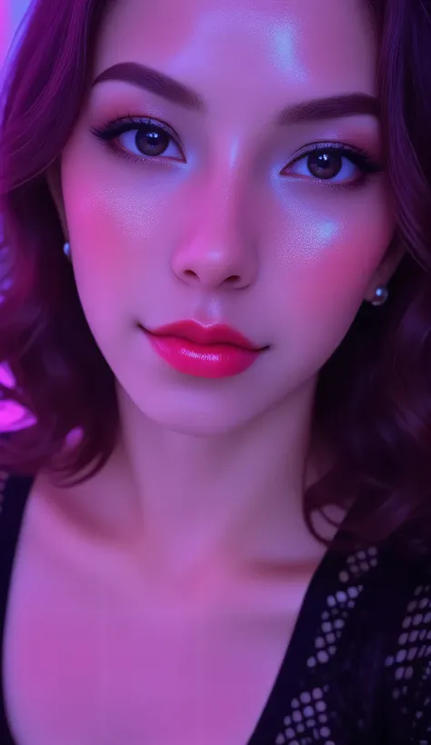 80’s glam rock makeup on shiny android face, anime, 2.5D, Glittery face, moody lighting, (purples, pinks, and blues), iridescent face, abstract ai model, pretty, sexy, minimal, sleek, slender, asian, elegant, chic, futuristic, retro, sophisticated half hum...