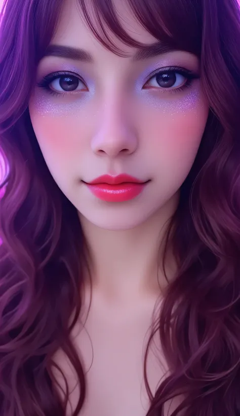 80’s glam rock makeup on shiny android face, anime, 2.5D, Glittery face, moody lighting, (purples, pinks, and blues), iridescent face, abstract ai model, pretty, sexy, minimal, sleek, slender, asian, elegant, chic, futuristic, retro, sophisticated half hum...