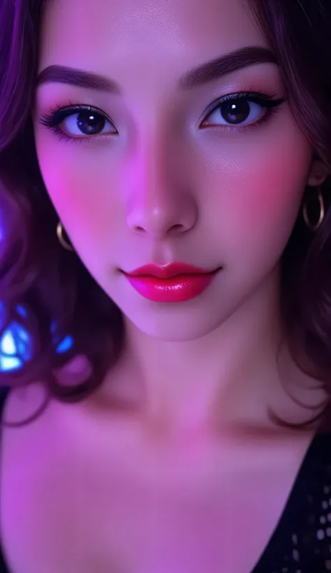 80’s glam rock makeup on shiny android face, anime, 2.5D, Glittery face, moody lighting, (purples, pinks, and blues), iridescent face, abstract ai model, pretty, sexy, minimal, sleek, slender, asian, elegant, chic, futuristic, retro, sophisticated half hum...