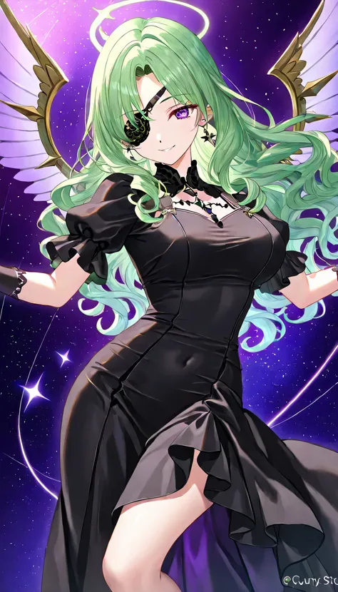 one woman,green hair、long hair、wavy hair（curly hair）、parted bangs（center separation）、Eye patch、purple eyes、purple eyes、Seductive Smile、Dynamic pose、((black dress))、black dress、Magic Rim、A giant monocular monster、has wings behind it、dark style、Countless Sta...