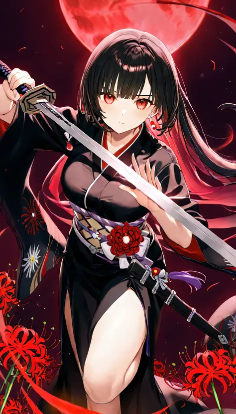 one woman,Japanese style girl、dark haired、Princess Cut、Red Eyes、(No expression)、(black kimono)、(Red spider lilyの着物)、Dynamic pose、Reach forward、night、Red Moon、Red spider lily、Holding a dagger in both hands、((There are swords floating around))、a lot of blade...