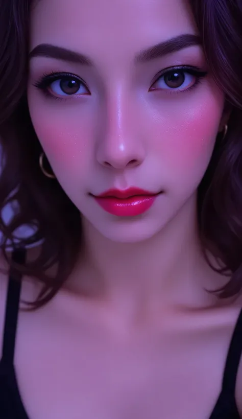 80’s glam rock makeup on shiny android face, anime, 2.5D, Glittery face, moody lighting, (purples, pinks, and blues), iridescent face, abstract ai model, pretty, sexy, minimal, sleek, slender, asian, elegant, chic, futuristic, retro, sophisticated half hum...