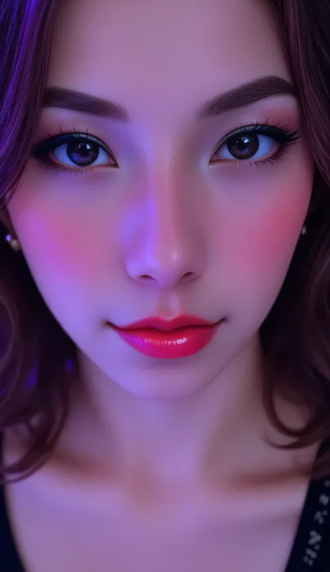 80’s glam rock makeup on shiny android face, anime, 2.5D, Glittery face, moody lighting, (purples, pinks, and blues), iridescent face, abstract ai model, pretty, sexy, minimal, sleek, slender, asian, elegant, chic, futuristic, retro, sophisticated half hum...