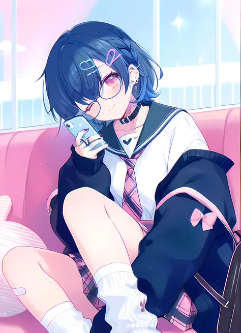 ,1girl,bandaid,solo,hair,ornament,bandaid,on,leg,pink,eyes,skirt,glasses,long,hair,phone,plaid,sitting,looking,at,viewer,bag,sailor,collar,blue_hair,pink,covers one eye,nails,plaid,skirt,collar,holding,hairclip,cellphone,shirt,necktie,blue,theme,bandaid,on...
