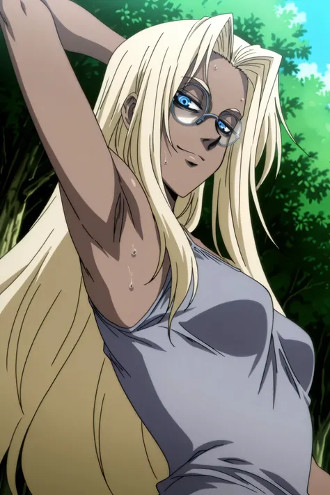 masterpiece, best quality, amazing quality, anime screencap, anime coloring, 1girl, solo, Hellsing_style, IntegraHellsing, mature female, blonde hair, forehead, very long hair, dark skin, blue eyes, small breasts, glasses, grey tank top, spaghetti straps, ...