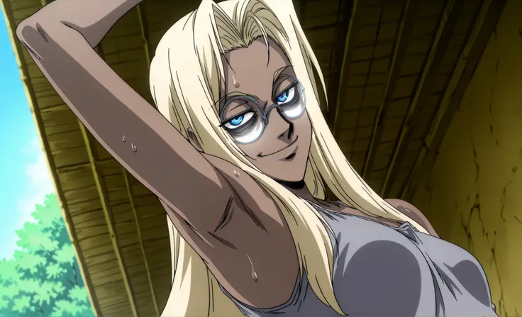 masterpiece, best quality, amazing quality, anime screencap, anime coloring, 1girl, solo, Hellsing_style, IntegraHellsing, mature female, blonde hair, forehead, very long hair, dark skin, blue eyes, small breasts, glasses, grey tank top, spaghetti straps, ...