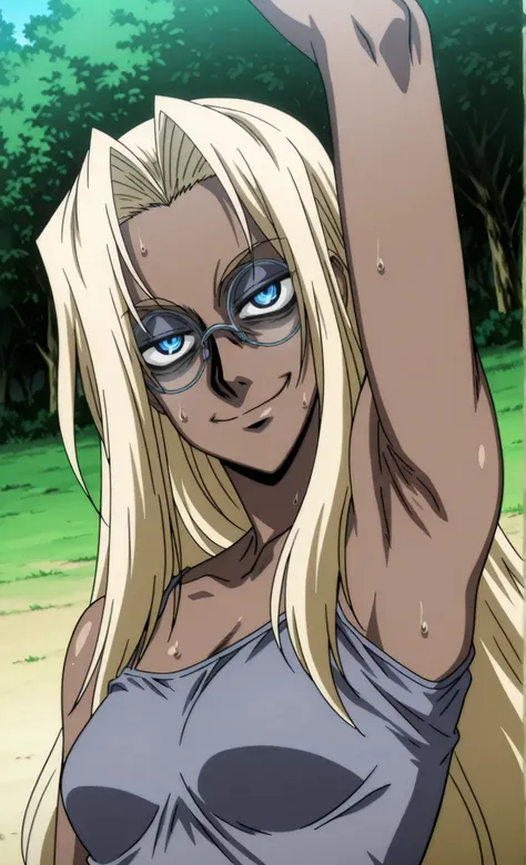 masterpiece, best quality, amazing quality, anime screencap, anime coloring, 1girl, solo, Hellsing_style, IntegraHellsing, mature female, blonde hair, forehead, very long hair, dark skin, blue eyes, small breasts, glasses, grey tank top, spaghetti straps, ...
