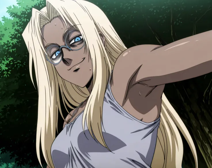 masterpiece, best quality, amazing quality, anime screencap, anime coloring, 1girl, solo, Hellsing_style, IntegraHellsing, mature female, blonde hair, forehead, very long hair, dark skin, blue eyes, small breasts, glasses, grey tank top, spaghetti straps, ...