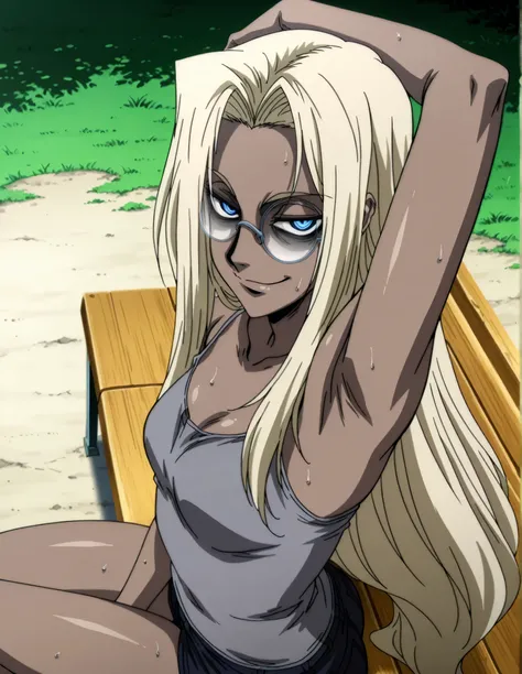 masterpiece, best quality, amazing quality, anime screencap, anime coloring, 1girl, solo, Hellsing_style, IntegraHellsing, mature female, blonde hair, forehead, very long hair, dark skin, blue eyes, small breasts, glasses, grey tank top, spaghetti straps, ...