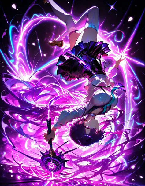 neon art, neon lineart, colorful neon lineart, neon silhouette, silhouette, neon colors, glowing, glow effect, bright outlines, vibrant colors, high contrast, dark background, digital art, extreme perspective、upside-down, backflip、Whole body expression, 1 ...