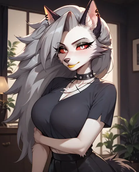 ,long eyelashes, woman, solo, hairy female, wolf girl, red eyes, red sclera, gray hair, long hair, bangs, wolf ears, wolf tail, body hair, gray fur, two-tone fur, white fur, spiky necklace, snout, animal nose, ear piercing, yellow lipstick, big breasts, an...