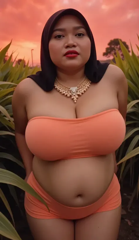 Bbw Fat, ((LOUISE VUITTON Big Gold DIAMOND Necklace)), Straight hair covers the ears perfectly, Wearing peach plain Strapless Bra , ((wearing net fist Short Pencil Skirt CLOSING CENTER)),  view from the front,  both hands lying behind back, background rice...