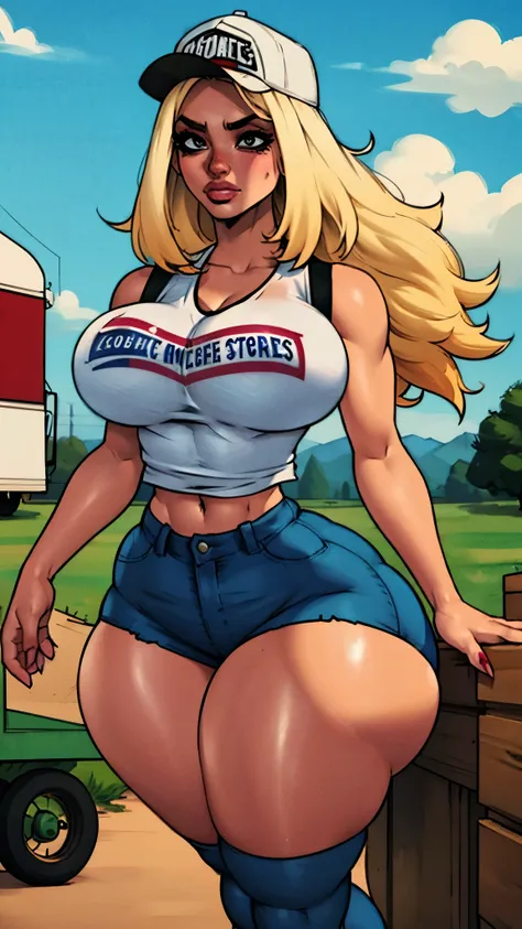 Redneck girl, blonde tails hair, red skin, trailer cap, red sleeveless blouse, extra short jean shorts, Confederate states shirt, farm