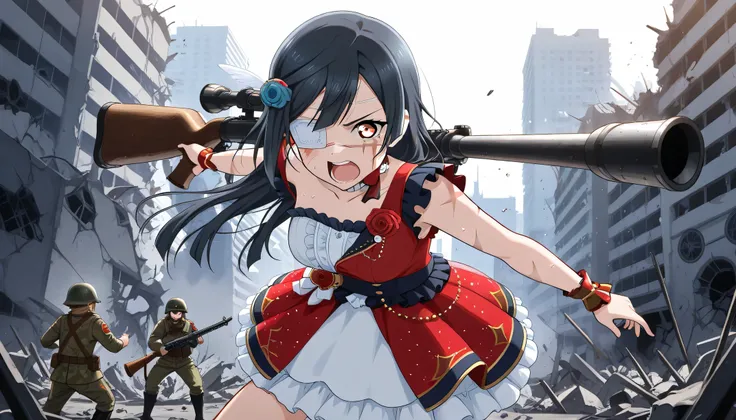  An angry image of Yuki Setsuna , soldier helmet, scar on the face, Idol dress, with a bazooka on my shoulder shooting, setting of a city with destroyed buildings,   eye patch  , war , 