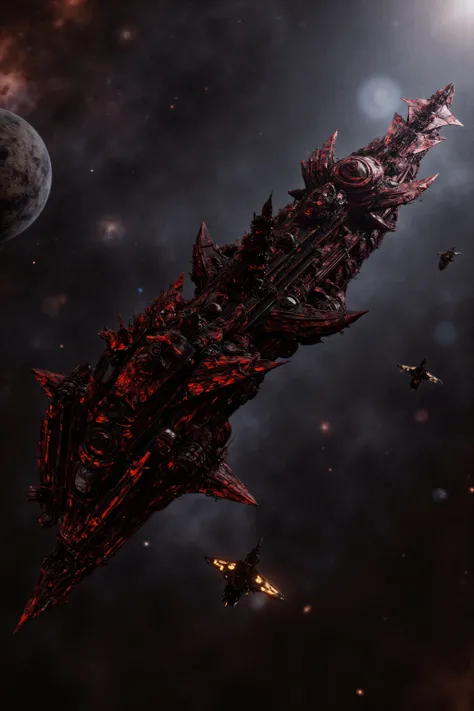 a gothic cathedral style steampunk spaceship battle carrier in outer space, black and red, orbiting a destroyed planet, with a space fighter escort, best quality, very detailed, uhd, hdr, dynamic, gritty