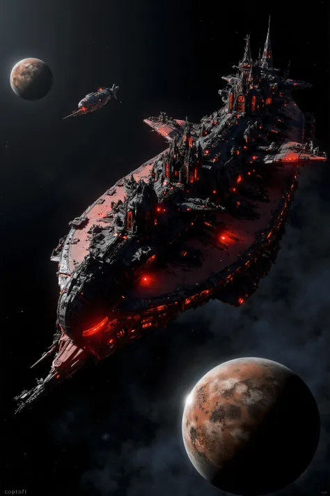 a gothic cathedral style steampunk spaceship battle carrier in outer space, black and red, orbiting a destroyed planet, with a space fighter escort, best quality, very detailed, uhd, hdr, dynamic, gritty