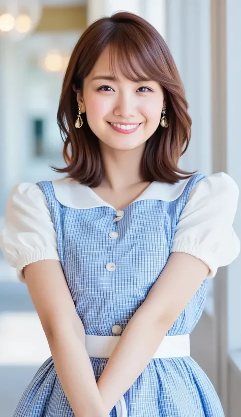 ((high definition, high resolution, high quality)), photorealistic, RAW photo, full body, whole body, loose wavy hair, delicate hair, Japanese cute maid cosplay uniform, perfect proportions, cleavage, light make-up, pale pink lip, looking at viewer, tradit...