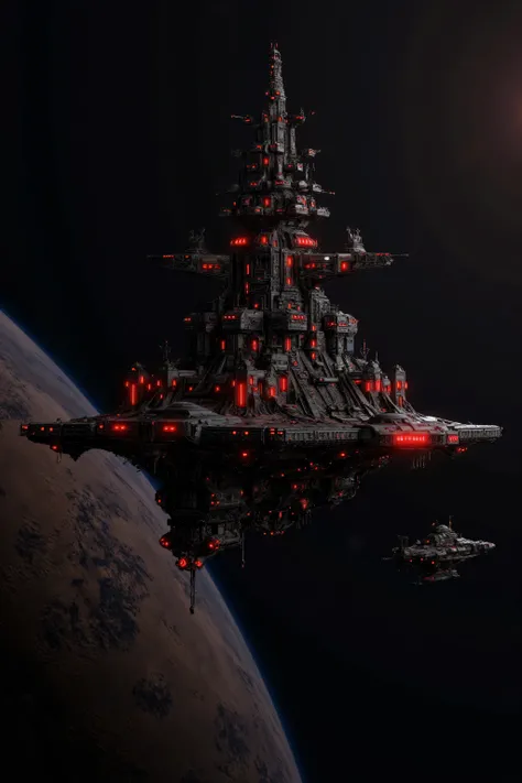 a gothic cathedral style steampunk spaceship battle carrier in outer space, black and red, orbiting a destroyed planet, with a space fighter escort, best quality, very detailed, uhd, hdr, dynamic, gritty
