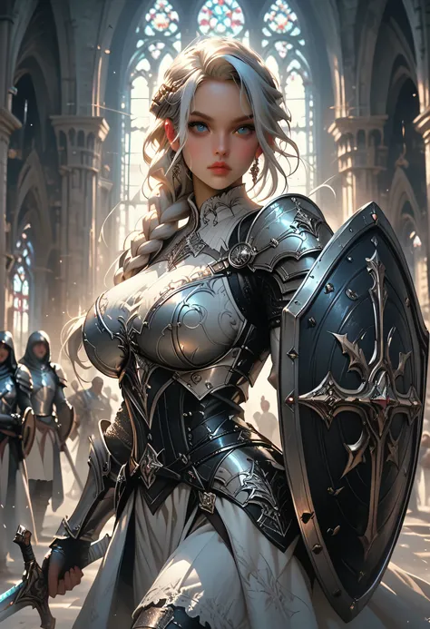 (1girl), beautiful, detailed, white hair, high braid, blue eyes, templar, sword and shield, white armor, huge breasts, stoic pose, gothic cathedral
