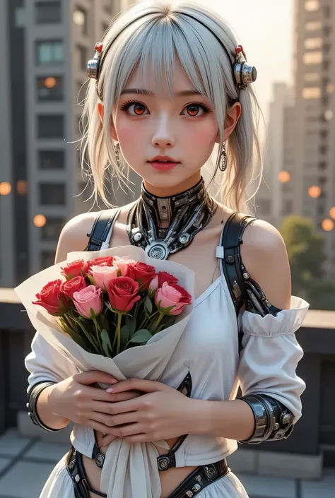 Female Cyborg , realistic and detailed mechanical body , exposed wiring and metal joints , I'm holding a wrapped bouquet、on the roof of a skyscraper at dusk、 cinematic ,  Alita  : battle angels holding gorgeous bouquets , photorealistic style , SF Environm...