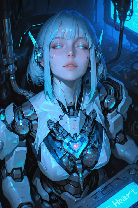 masterpiece, best quality, amazing quality, very aesthetic, absurdres,  newest, scenery,  1girl, glowing eyes, android, mechanical, wires, screws, metal, holographic, opened chest, ((realistic nano heart glowing with blue light)), appraising expression, lo...