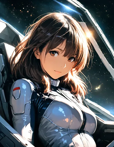 1girl, yoda yuki, gundam, year 2016, upper body, universe, gundam cockpit, pilot suit, masterpiece, high score, great score, absurdres, 16k, super detail