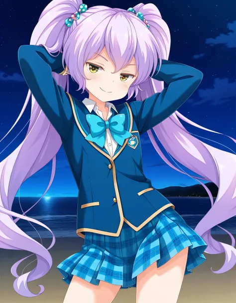 HIMEJIMAKINOKO (Girl Friend BETA) LIGHT PURPLE HAIR, TWINTAILS, HAIR BOBBLES, POLKA DOT, VERY LONG HAIR, YELLOW EYES, flat chest, blue jacket, blazer, white shirt, collared shirt, blue bowtie, blue skirt, plaid skirt, school uniform, anime screencap, high ...