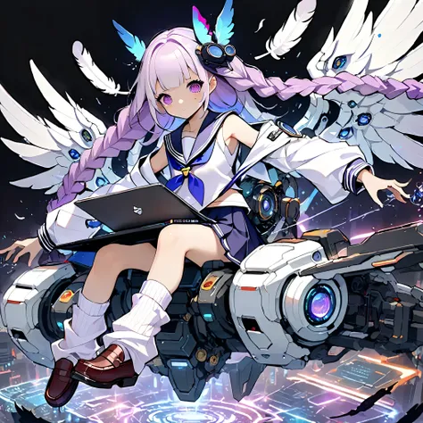 (top quality:1.2, very detailed, High Details, High Contrast, masterpiece:1.2, top quality, Best Aesthetics), 1 female, (((sailor suit、loose socks、loafers ))), exposes your shoulders, ((milky white and purple gradation hair color:1.4, purple bicolor hair...